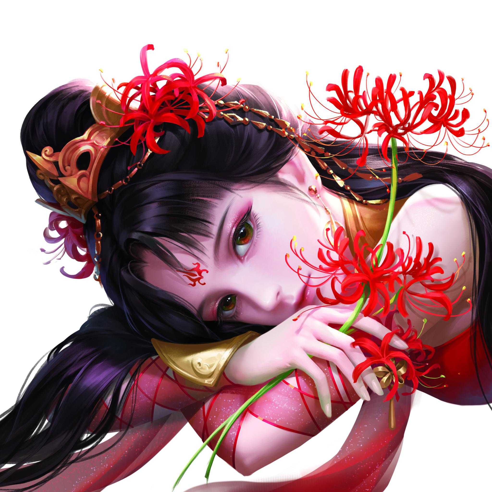 盛放的彼岸花中,阿初回眸凝望,棕色的琥珀瞳,清透迷离