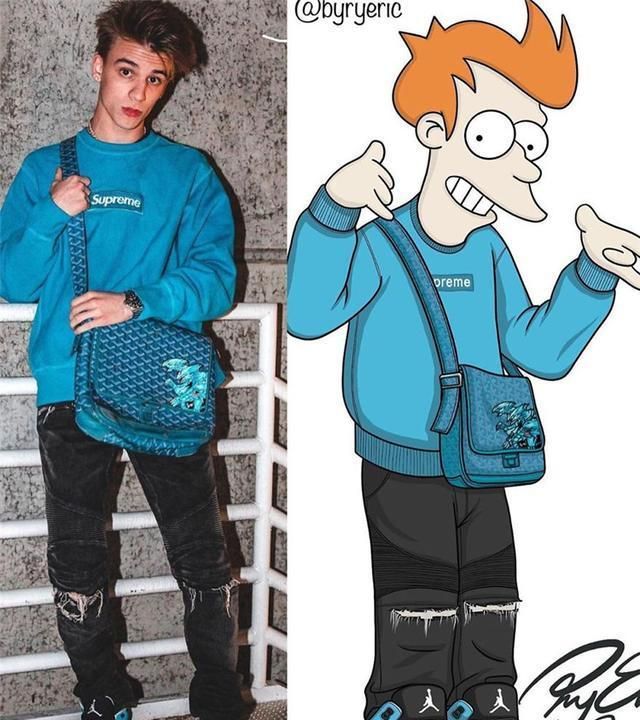 supreme的骨骼外套,搭配了十字架牛仔裤,辛普森家的爸爸在插画师的