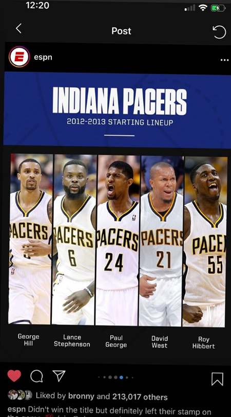 史蒂芬森晒12-13赛季步行者首发五虎照