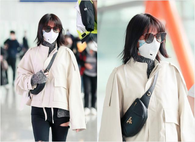 张予曦戴双层口罩现身,穿夹克衫配破洞紧身裤,一双美腿抢镜十足