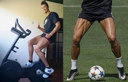 可以看出,c罗笑容满满,正在健身训练,他露出了健硕的大腿肌肉,配文