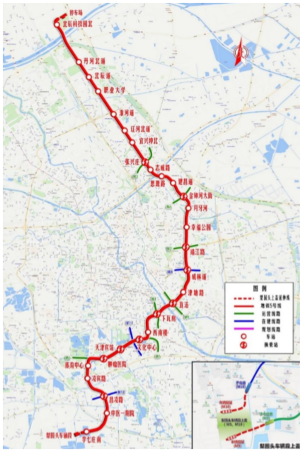 m5延伸线起于既有地铁5号线李七庄南站站端,止于梨园头车辆段南侧