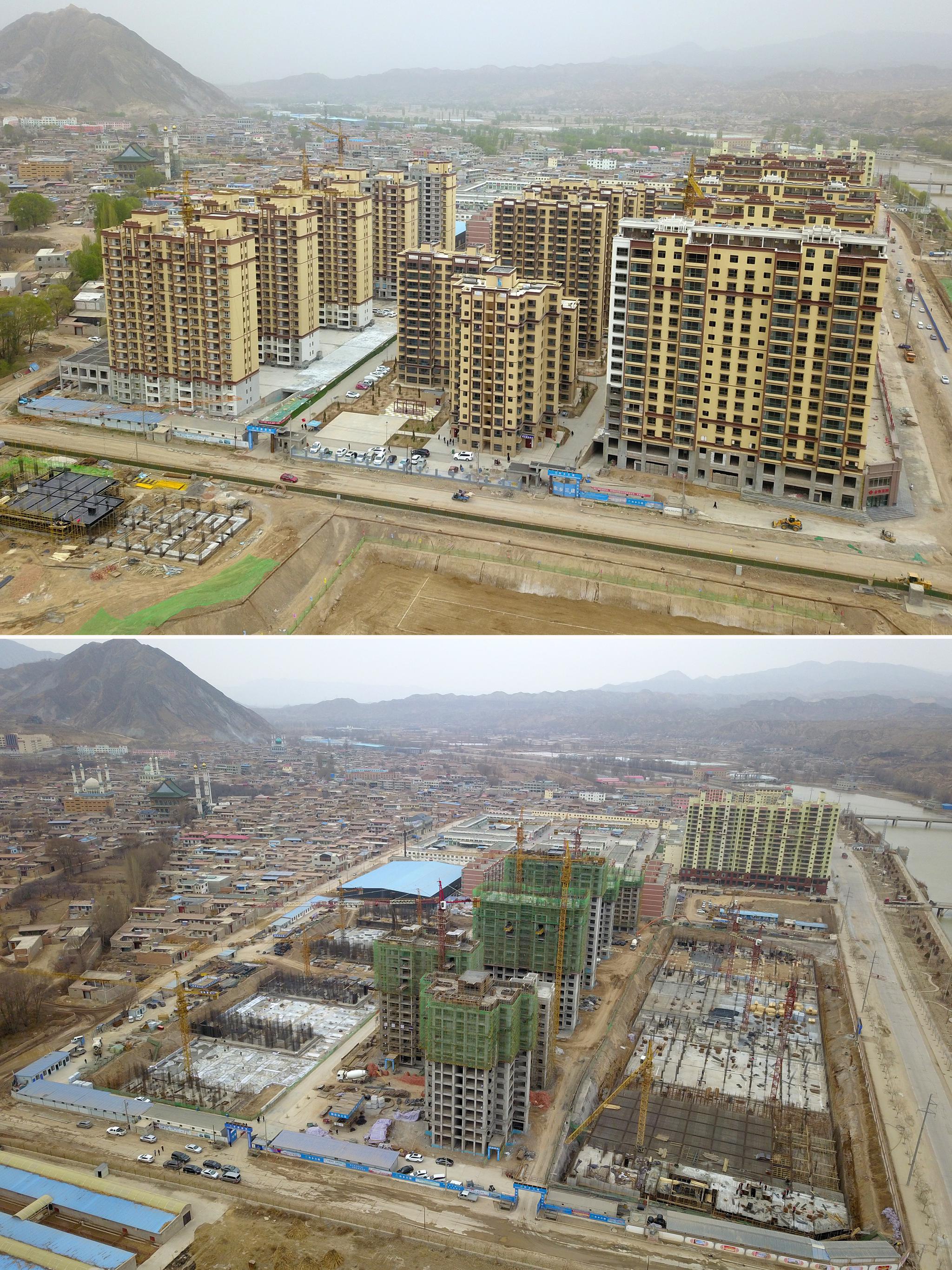 甘肃东乡族自治县高山乡布楞沟村拍摄的已通车的折红二级公路(无人机