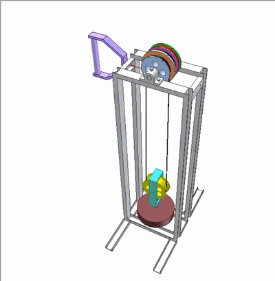 滑轮组由固定在一起的绿色,粉色和橙色滑轮组成.
