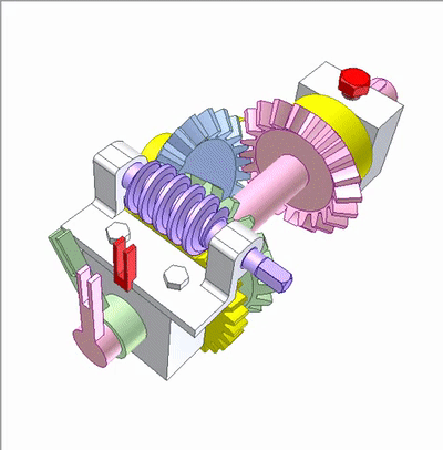 粉色输入轴和绿色轴以相反的方向同轴旋转,该机构能够在机构停止位置