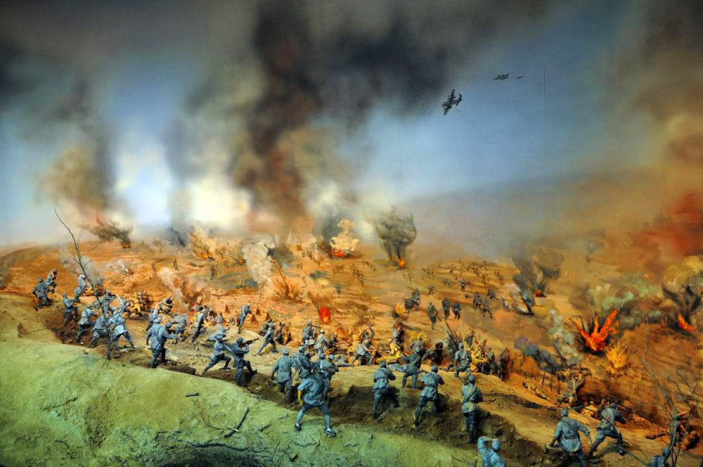 抗日战争飞机轰炸油画场景复原