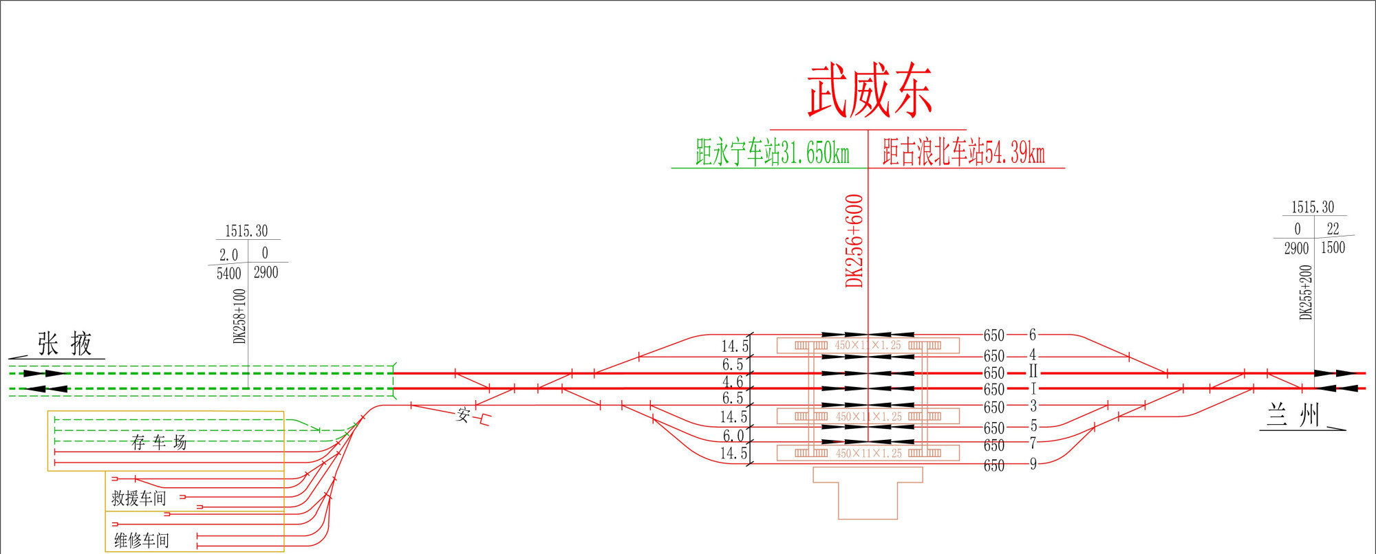 车站规模为3台8线(含正线2条),设岛式站台3座,设宽12m人行地道2处,站