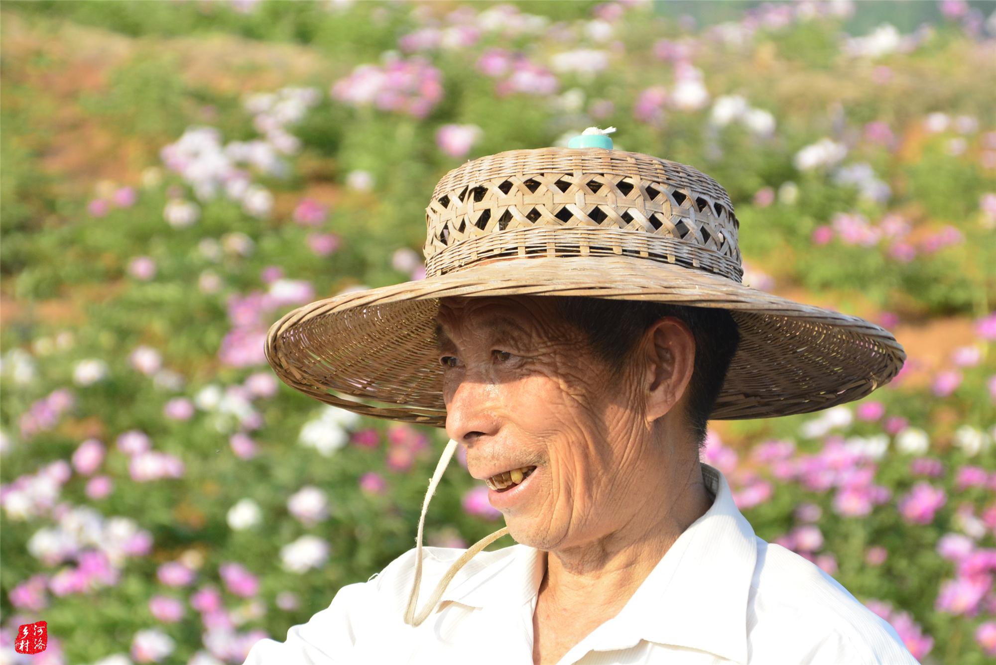 大叔背把锄头到地里除草,头上草帽太特别,成花海唯一农民模特