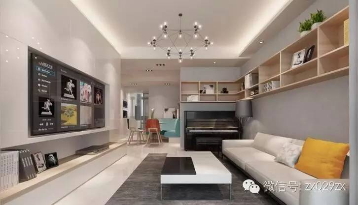 拐角位置安排的钢琴位置,简易书架整体满墙设计,电视柜白色烤漆柜体