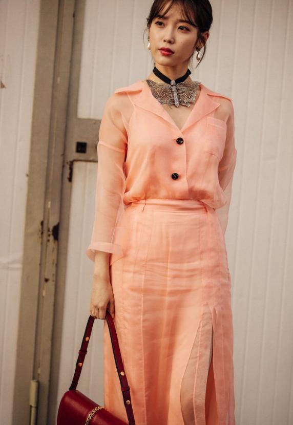 iu真气质女神,身穿上了一套粉色裙装,看上去格外的洋气