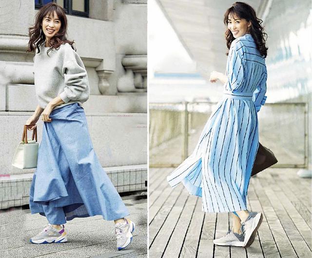 ②蓝色大摆裙 老爹鞋▲用一个跳跃的颜色,来修饰点亮装扮,简单中带点