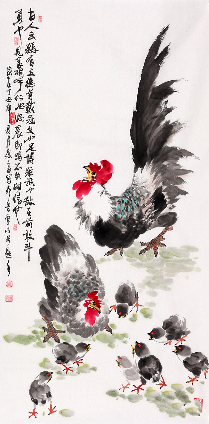 晋葆良新品佳作四尺竖幅公鸡图《大吉图》公鸡在国画花鸟画中一直是一