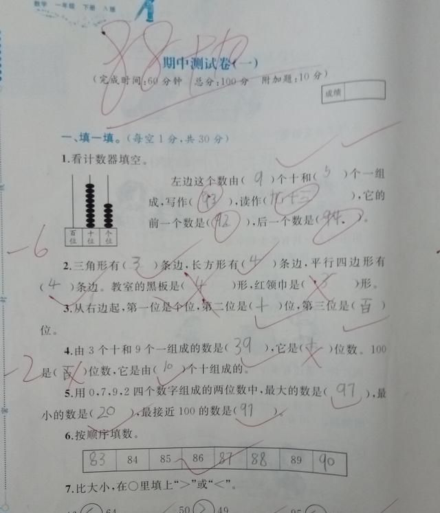 一年级下册数学段考88分复课补了3周有些知识仍然没补上