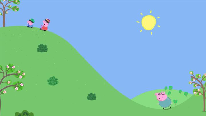 小猪佩奇:佩奇在前面骑车,猪爸爸在后面跑步追,可把他累坏了