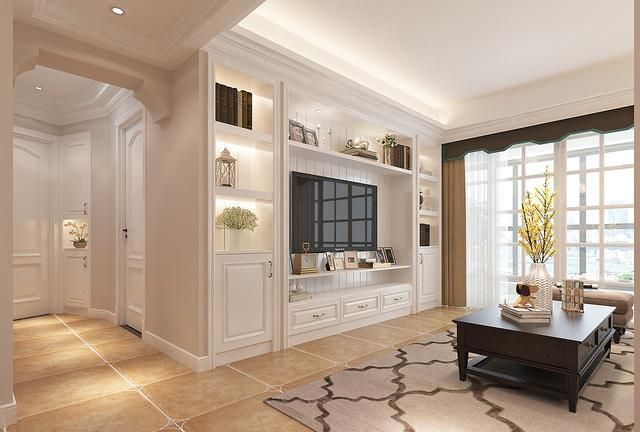 92平美式风格,客厅电视背景墙这样装,造型好看储物性又好,很赞