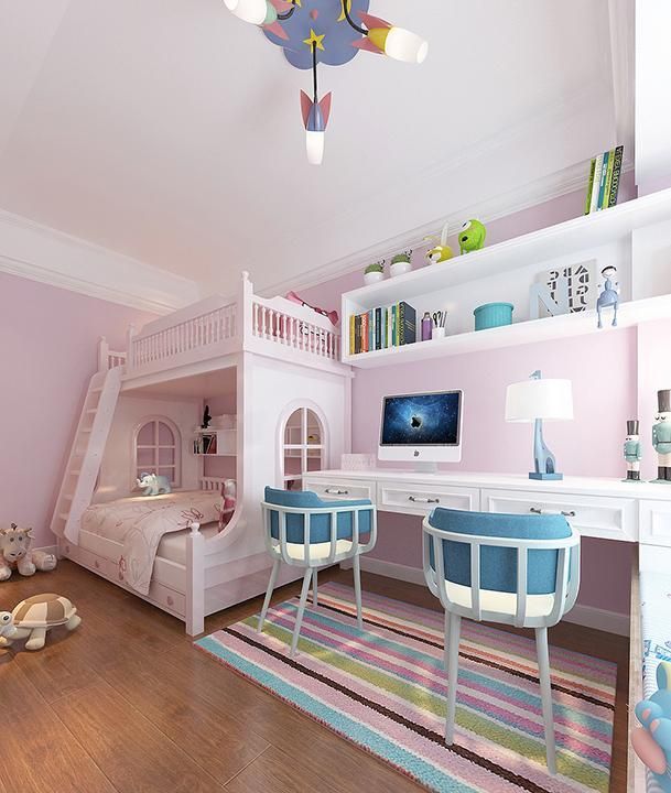 因为是女儿,所以采用了粉色的色系来做墙面颜色,上下床也采用了非常