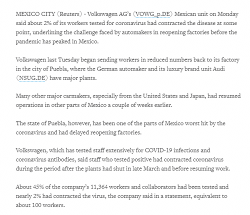 大众墨西哥工厂约100名员工确诊新冠肺炎