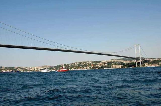 这座大桥是欧洲第一大吊桥,宛如巨龙凌空,把欧亚两大洲连在一起