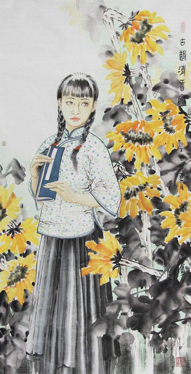 青年画家冯永强的女性人物国画,人物眉目秀美,身姿曼妙