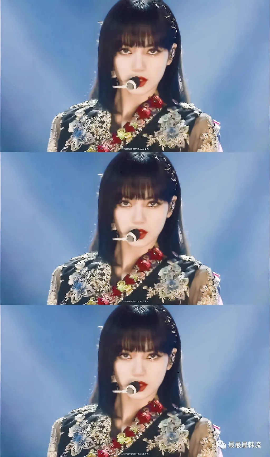 lisa这套采用的是传统韩服的v领设计,领沿处镶嵌了很多挂饰,刺绣也