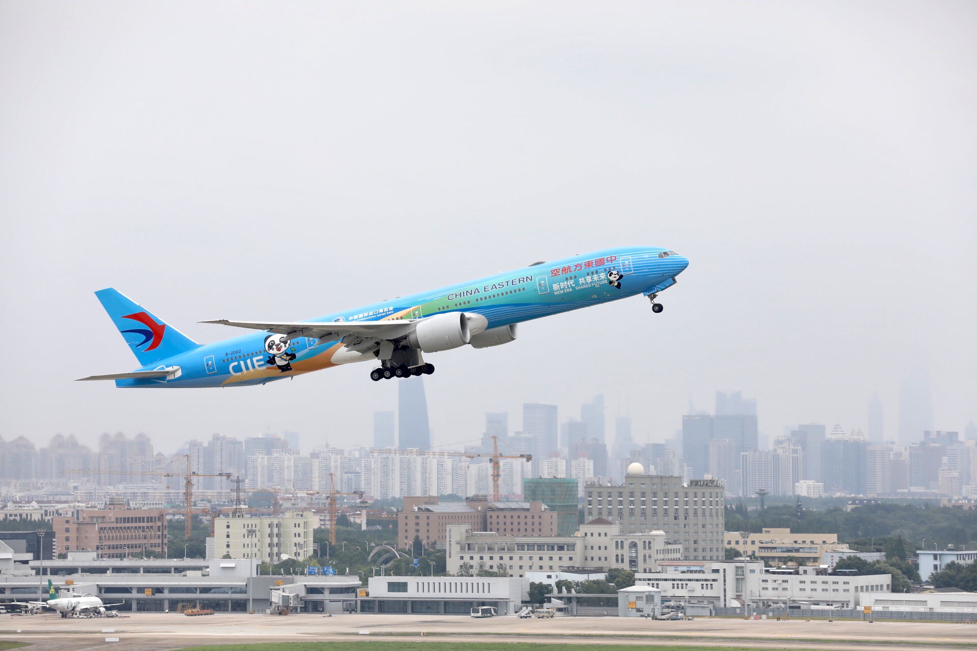 全球首架"进博号"主题彩绘飞机首航