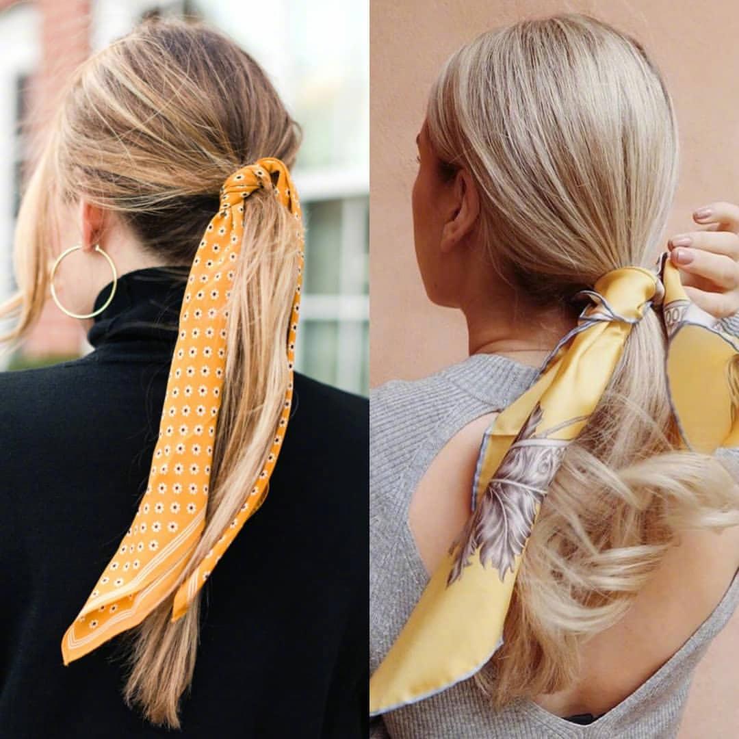 周末出街的,快挑选一条丝巾系在头发上让,体现优雅与休闲美