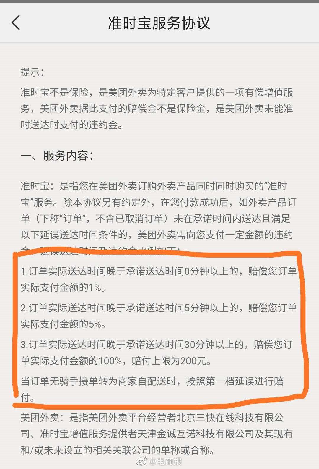 有网友发现美团外卖准时宝针对不同用户有不同的协议