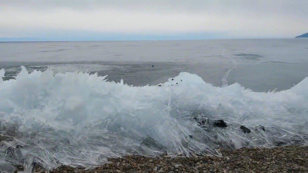 感受下贝加尔湖畔的的冰浪 .结冰速度快到肉眼可见