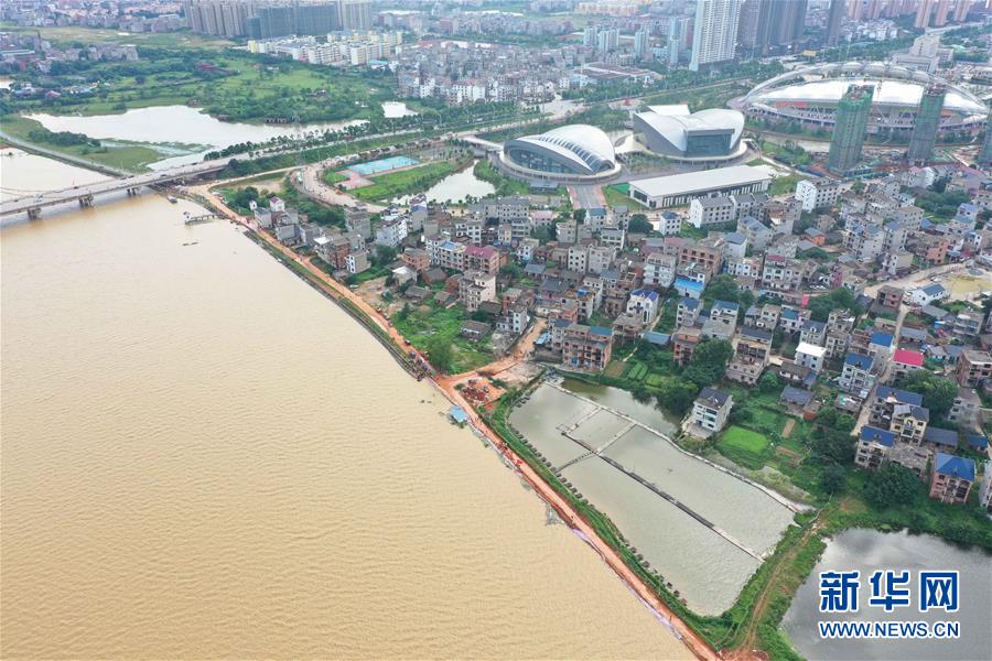 7月11日拍摄的江家岭村昌江圩堤，这个村背后就是鄱阳县城（无人机照片）。 新华社记者 周密 摄
