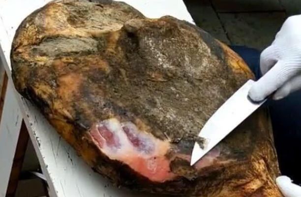 老汉闹市卖发霉火腿无人问津用刀切开后两千块一只却遭人哄抢