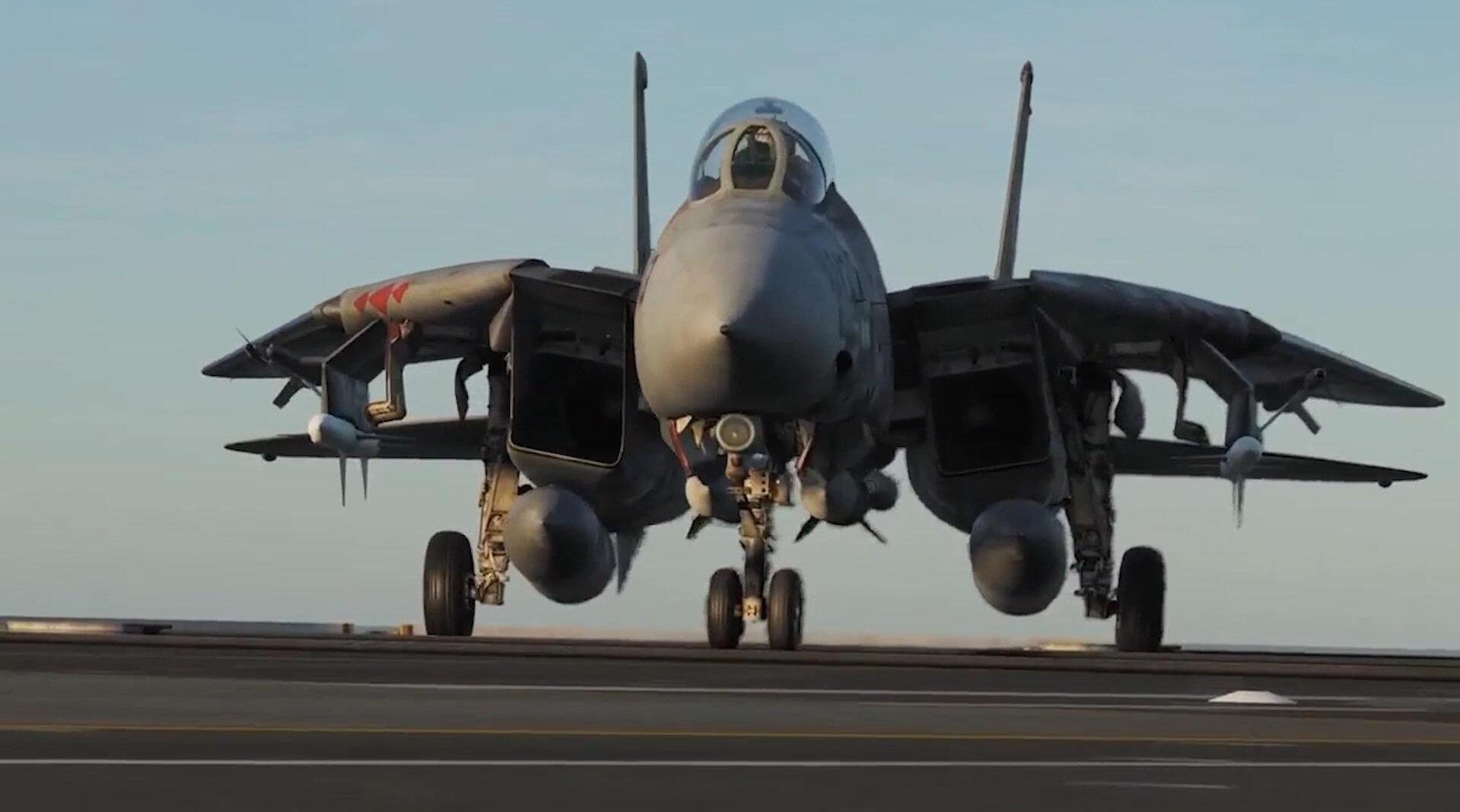 动画模拟的美军f-14舰载机,弹射起飞后执行作战任务!