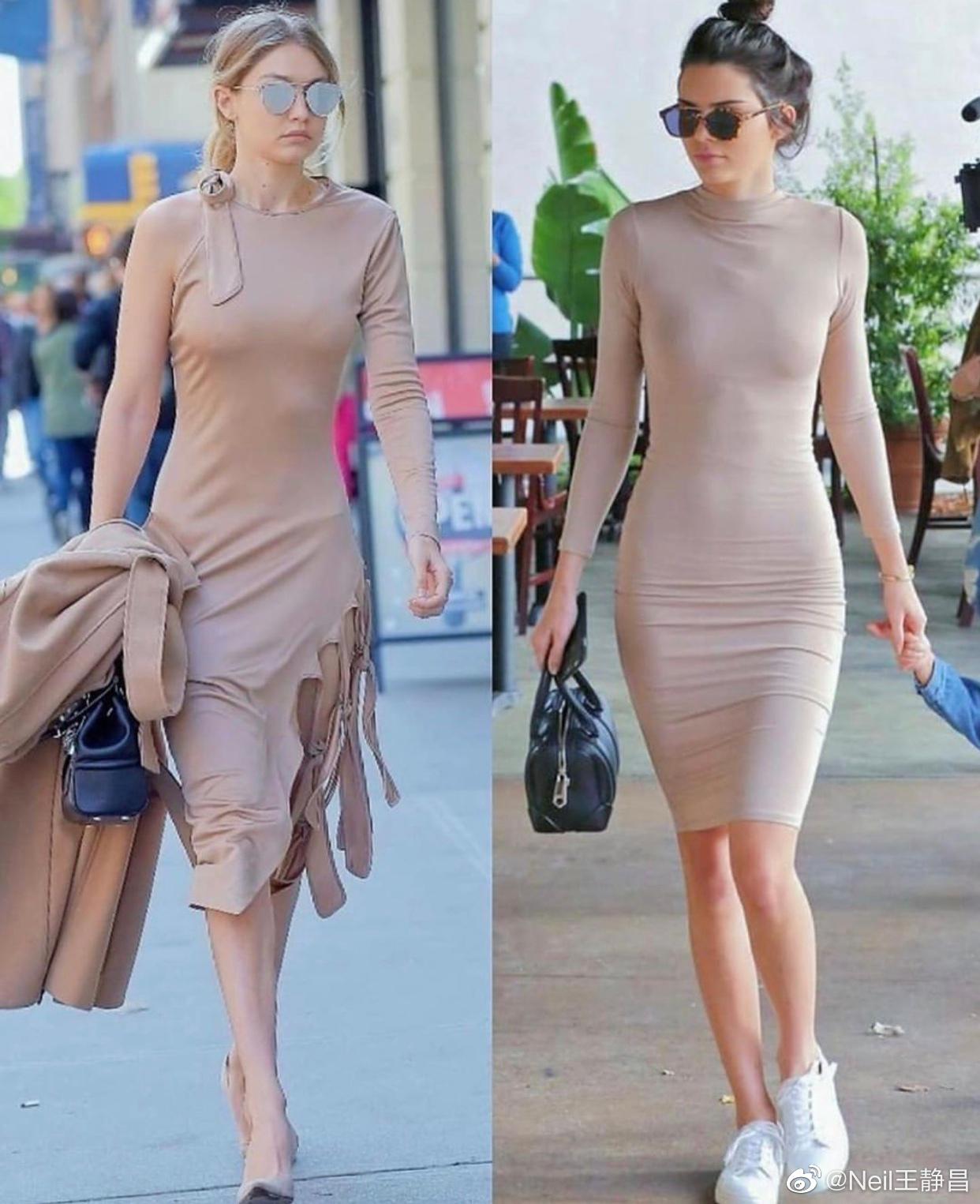 当gigi02hadid和kendalljenner穿相似的衣服两人的对比