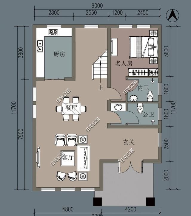 开间9米,进深11米,左右没邻居,三层农村别墅怎么设计?