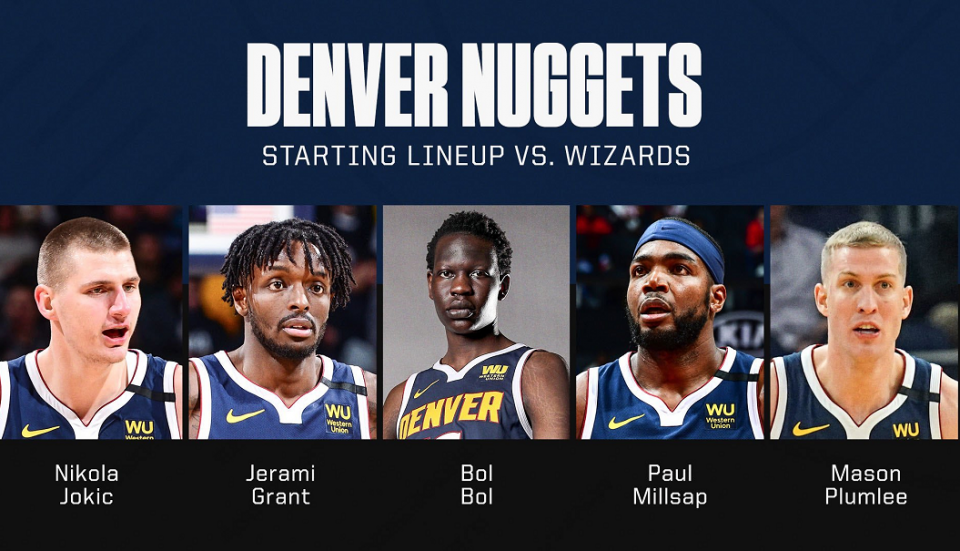 由于人员不整,掘金队的主帅马龙派出了一个奇葩的首发阵容,2米13的