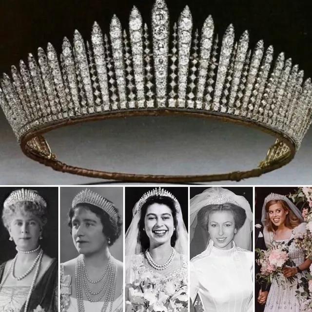 碧翠丝戴着的玛丽女王(queen mary)穗状钻石王冠,也是借自女王,甚至在
