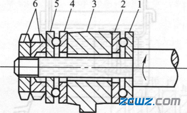 图6 推力球轴承的装配注:1,5-紧圈;2,4-松圈;3-箱体;6-螺母.
