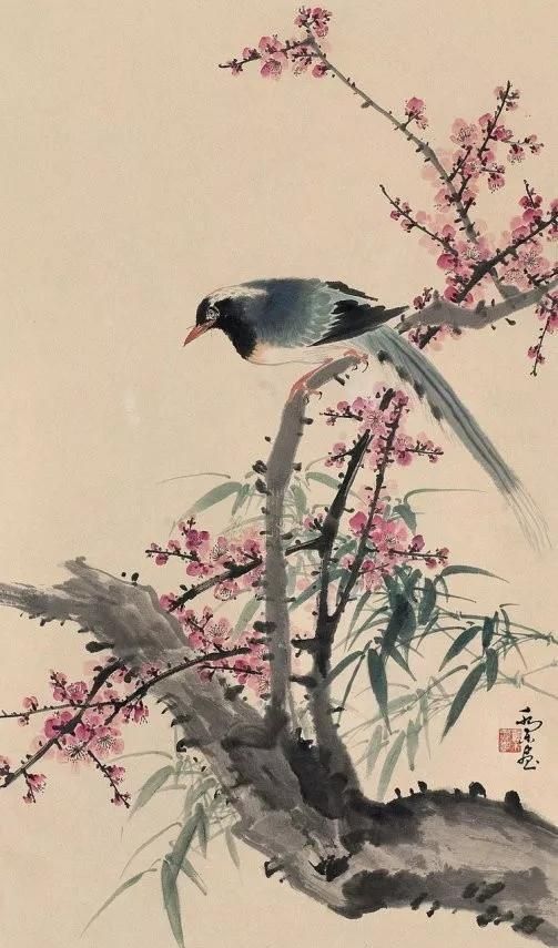 乔木花鸟画画面唯美妙趣横生