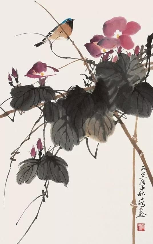 乔木花鸟画画面唯美妙趣横生