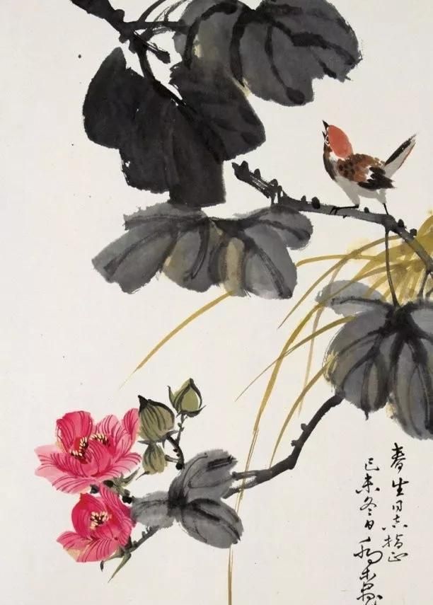 乔木花鸟画画面唯美妙趣横生