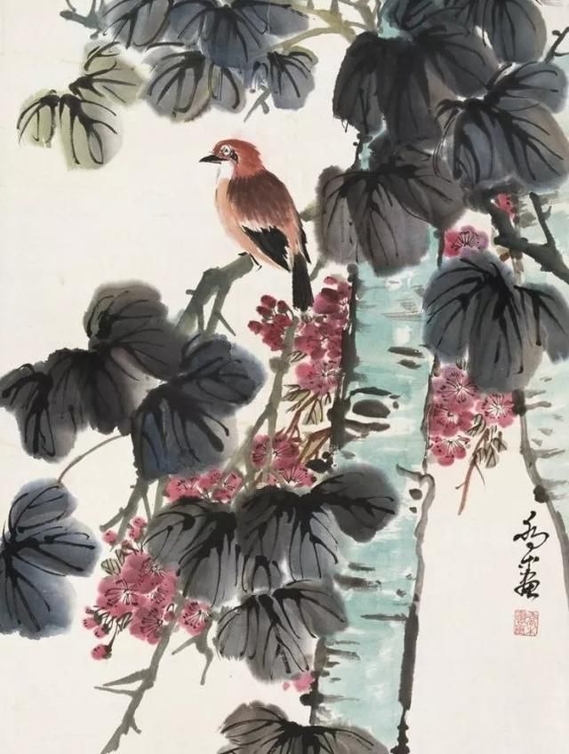乔木花鸟画画面唯美妙趣横生
