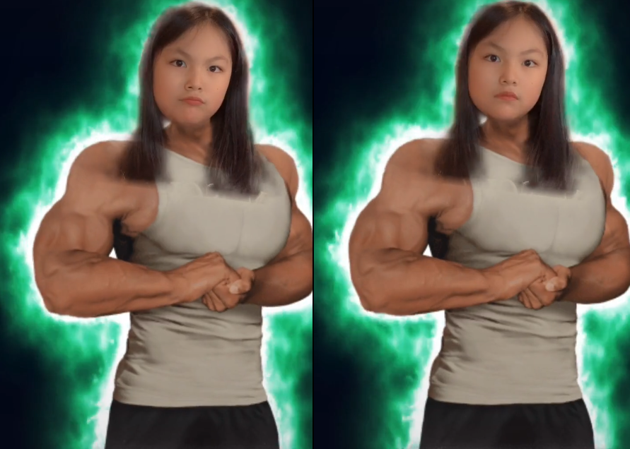 之后王诗龄又换了一个握拳的硬汉身子,表情也发生了很大的变化,搭配