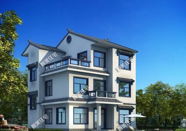 面宽10米多,中式风格设计的两栋别墅,简约复古风