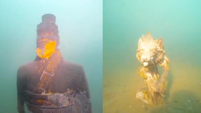 云南抚仙湖现神秘古物 疑有水下古城:王像背手站湖底 神兽守卫