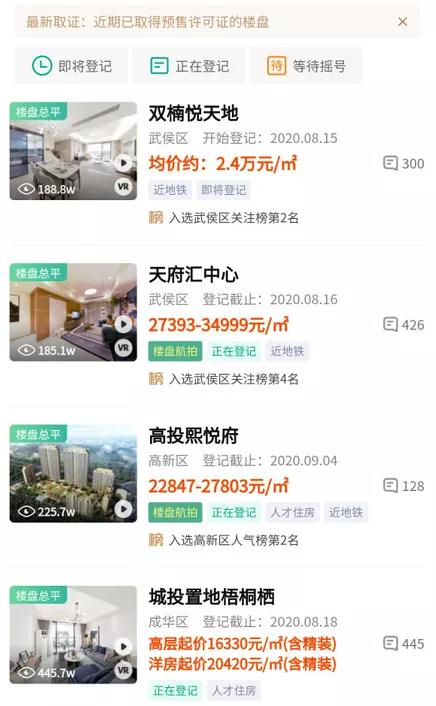 近期成都部分取证项目价格参考 图片来源：成都购房通 