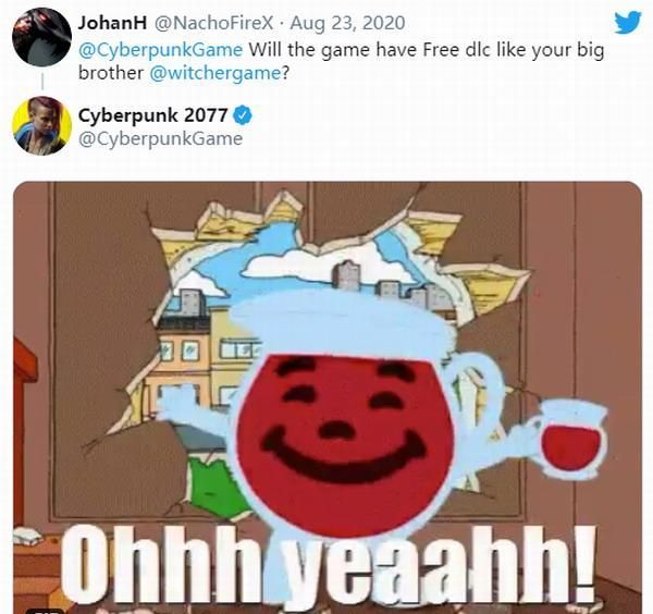 "表情作为肯定回答,确认《赛博朋克2077》发售后会推出免费dlc.
