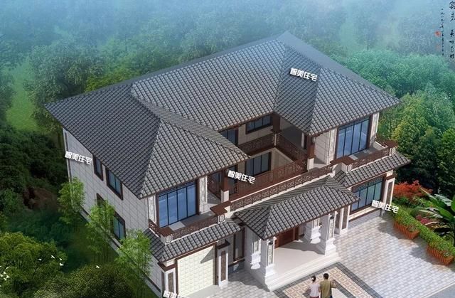中式风格设计的两层别墅,三合院带车库,45万盖一座