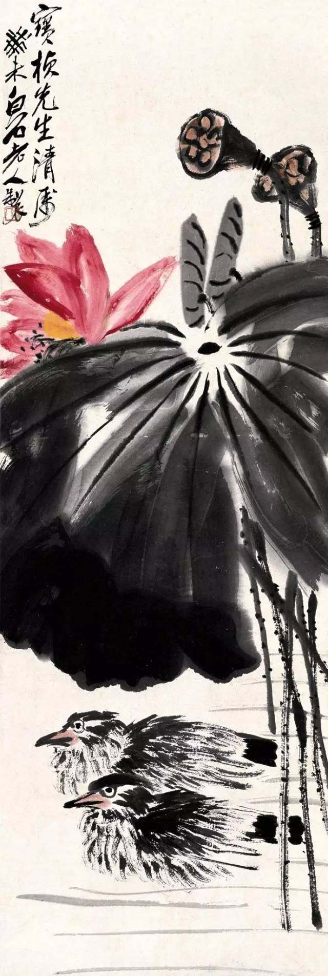 上海齐白石书画院院长汤发周笔下的齐白石画派的荷花图