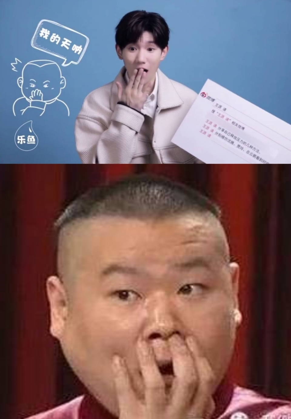 比如提到岳云鹏,王源就能想到岳云鹏捂嘴的表情包,分分钟模仿到位.
