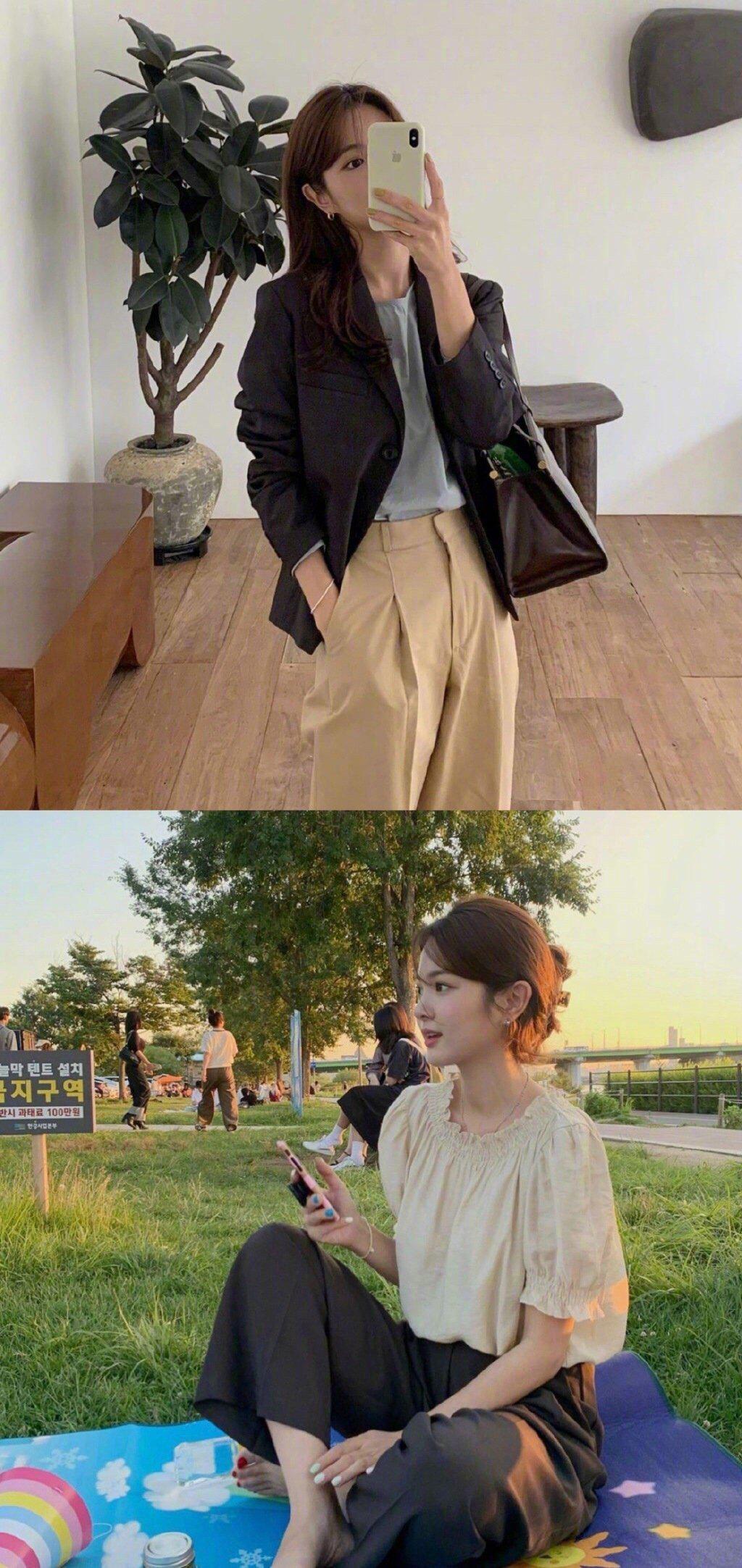 韩国女生夏秋过渡时节的日常穿搭参考～把针织衫随意搭在身上真的