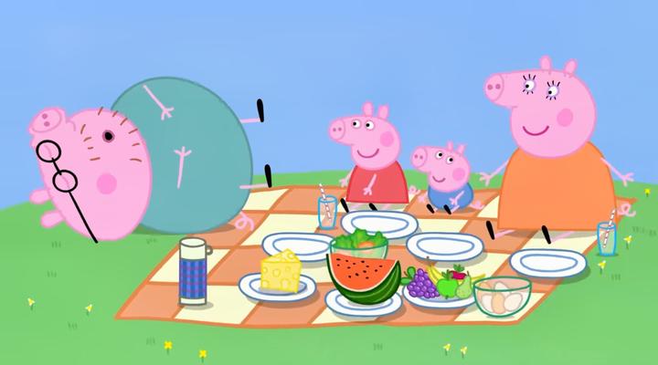小猪佩奇佩奇一家出来旅游带了好多美食猪爸爸吃完就睡了